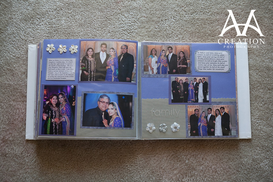 A spread of the family designed and handcrafted for Adnan and Sana's scrapbook wedding album