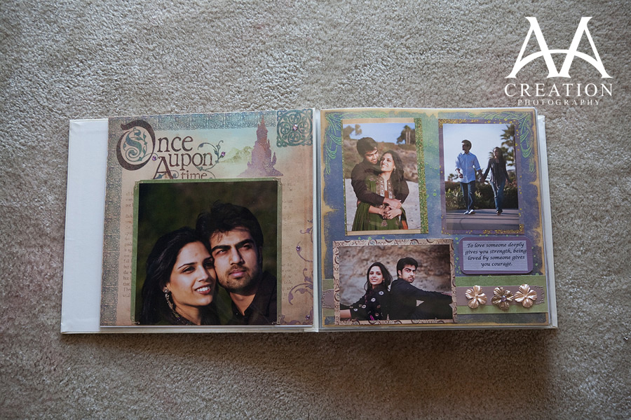 A fairytale themed spread of the bride and groom in their Pakistani Valima scrapbook wedding album