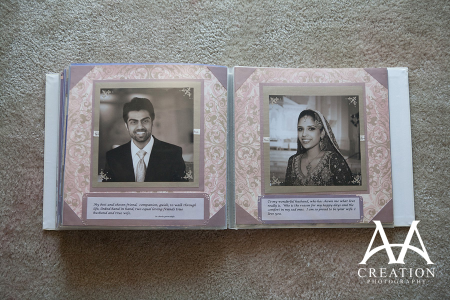 Uniquely and creatively designed spread showing single photographs of the Adnan and Sana